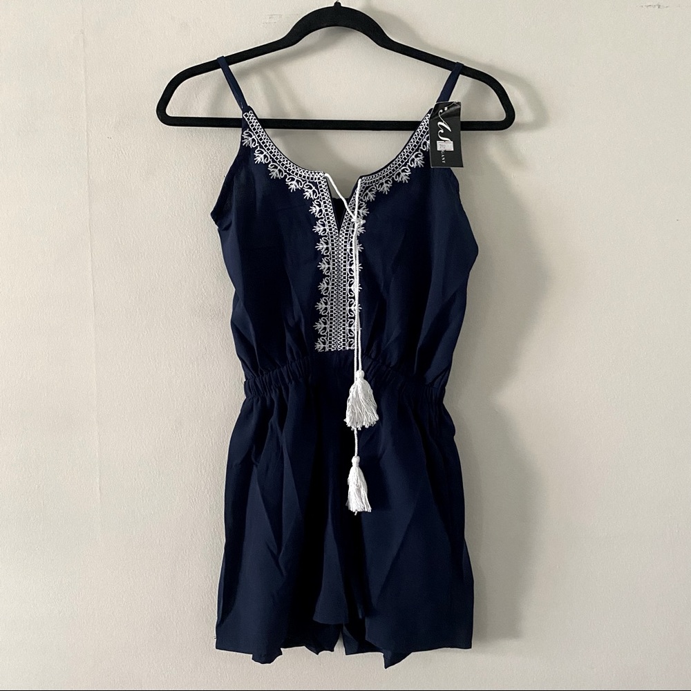NWT Navy blue embroidered romper shorts
